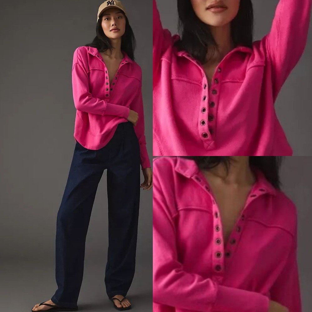 Anthropologie Spliced Neck Pink Long‎ Sleeve Henley Sweater Womens Size XL Boho